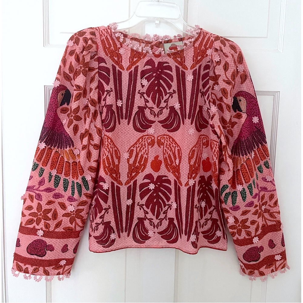 Farm Rio Ainika Macaws Parrot Toucan Bird Floral Top Blouse Red Pink Palm Leaf S - Picture 3 of 7